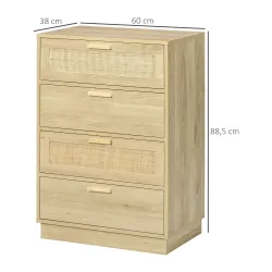 Cómoda con 4 Cajones de Rejilla de Ratán Cajonera de Madera para Dormitorio Estilo Cannage Bohemio 60x38x88,5cm ... - Ogal.Es