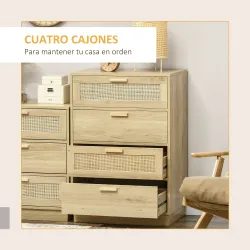 Cómoda con 4 Cajones de Rejilla de Ratán Cajonera de Madera para Dormitorio Estilo Cannage Bohemio 60x38x88,5cm ... - Ogal.Es