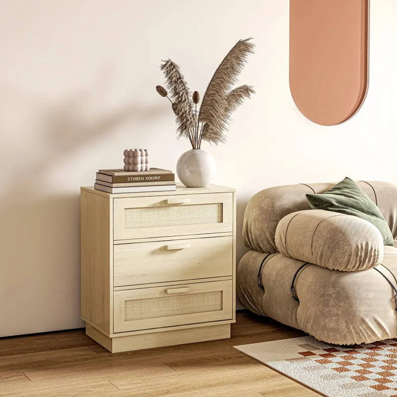 Cómoda con 3 Cajones de Rejilla de Ratán Cajonera de Madera para Dormitorio Estilo Cannage Bohemio 60x38x69 cm N... - Ogal.Es