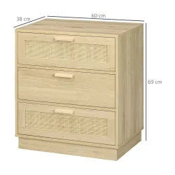 Cómoda con 3 Cajones de Rejilla de Ratán Cajonera de Madera para Dormitorio Estilo Cannage Bohemio 60x38x69 cm N... - Ogal.Es