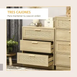 Cómoda con 3 Cajones de Rejilla de Ratán Cajonera de Madera para Dormitorio Estilo Cannage Bohemio 60x38x69 cm N... - Ogal.Es