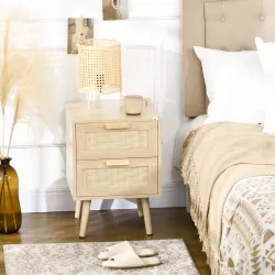 Mesita de Noche Estilo Cannage Mesilla de Noche con 2 Cajones y Patas de Madera para Salón Dormitorio 40x40x56cm... - Ogal.Es