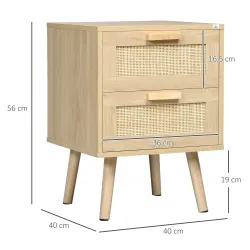 Mesita de Noche Estilo Cannage Mesilla de Noche con 2 Cajones y Patas de Madera para Salón Dormitorio 40x40x56cm... - Ogal.Es