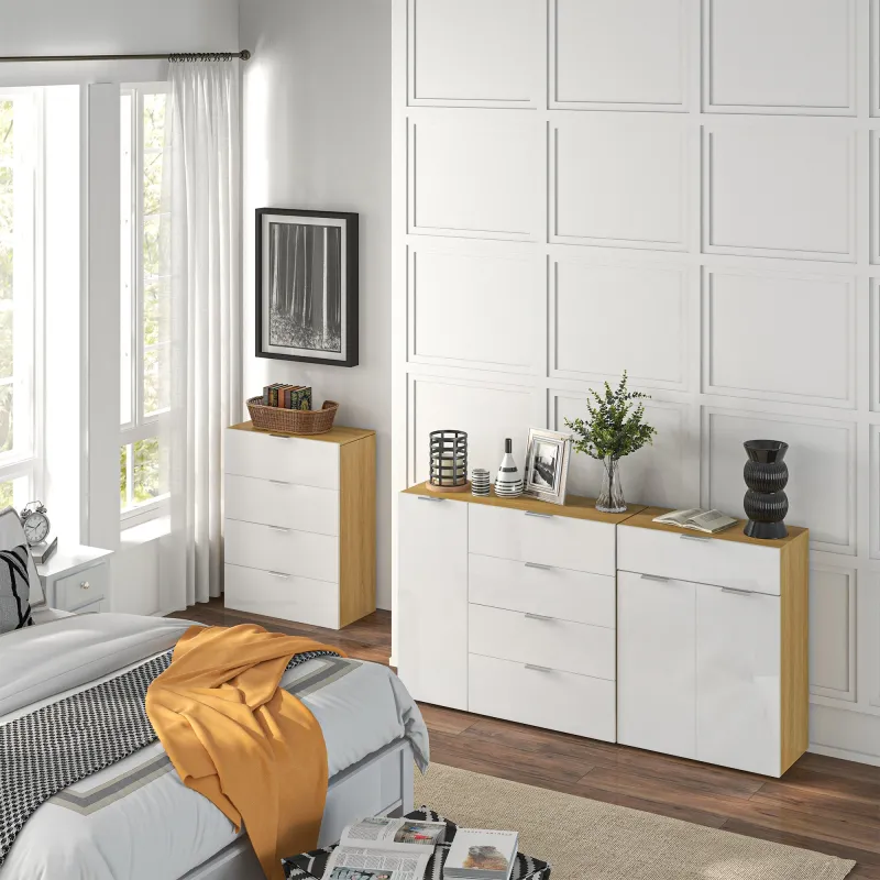 Aparador de Salón Cajonera y Cómoda con 4 Cajones Puerta y Estantes Ajustables 105x35x92 cm Blanco y Natural - Ogal.Es