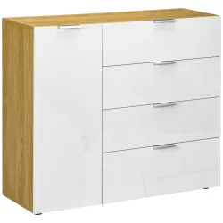 Aparador de Salón Cajonera y Cómoda con 4 Cajones Puerta y Estantes Ajustables 105x35x92 cm Blanco y Natural - Ogal.Es
