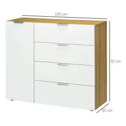 Aparador de Salón Cajonera y Cómoda con 4 Cajones Puerta y Estantes Ajustables 105x35x92 cm Blanco y Natural - Ogal.Es
