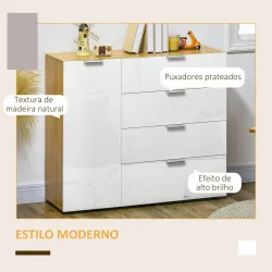 Aparador de Salón Cajonera y Cómoda con 4 Cajones Puerta y Estantes Ajustables 105x35x92 cm Blanco y Natural - Ogal.Es