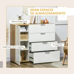 Aparador de Salón Cajonera y Cómoda con 4 Cajones Puerta y Estantes Ajustables 105x35x92 cm Blanco y Natural - Ogal.Es