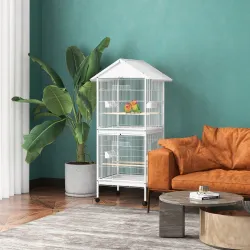 Jaula para Pájaros Grande de 2 Pisos Convertible en Sola Jaula con Ruedas Comederos 4 Perchas 78x75x168 cm Blanco - Ogal.Es