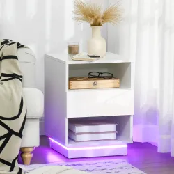 Mesita de Noche con Luz LED Mesilla de Noche con Mando a Distancia Cajón de Alto Brillo y 2 Estantes 40x40x55 cm... - Ogal.Es