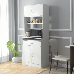 Alacena de Cocina Aparador de Comedor con 4 Puertas Bandeja Extraíble Estante Ajustable Cajón 70x40x180 cm Blanco - Ogal.Es