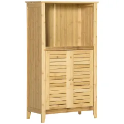 Armario Auxiliar de Baño de Bambú con 2 Puertas Compartimiento Abierto y Estante Ajustable 50x25,5x90,5 cm Natural - Ogal.Es