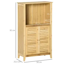 Armario Auxiliar de Baño de Bambú con 2 Puertas Compartimiento Abierto y Estante Ajustable 50x25,5x90,5 cm Natural - Ogal.Es
