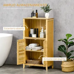 Armario Auxiliar de Baño de Bambú con 2 Puertas Compartimiento Abierto y Estante Ajustable 50x25,5x90,5 cm Natural - Ogal.Es