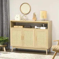 Aparador de Estilo Cannage Mueble Buffet Auxiliar con Puertas de Rejilla y Patas de Madera 120x40x97cm Natural - Ogal.Es