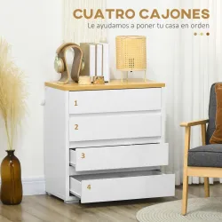 Cómoda Moderna con 4 Cajones Mueble Cajonera de Madera para Dormitorio Salón Habitación 70x37x75 cm Blanco y Nat... - Ogal.Es