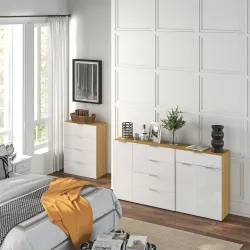 Cómoda con 4 Cajones de Alto Brillo Cajonera de Madera para Dormitorio Salón Oficina 70x35x92 cm Blanco y Natural - Ogal.Es