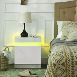 Mesita de Noche Blanca con Luz LED Mesita Decorativa con 2 Cajones y Mando a Distancia 45x35x52 cm Blanco - Ogal.Es