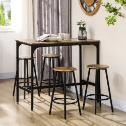 Set de Mesa Bar y 4 Taburetes Muebles Altos con Mesa de 110x50x89,5 cm y Taburetes de Ø30x60,5 cm Negro y Madera - Ogal.Es