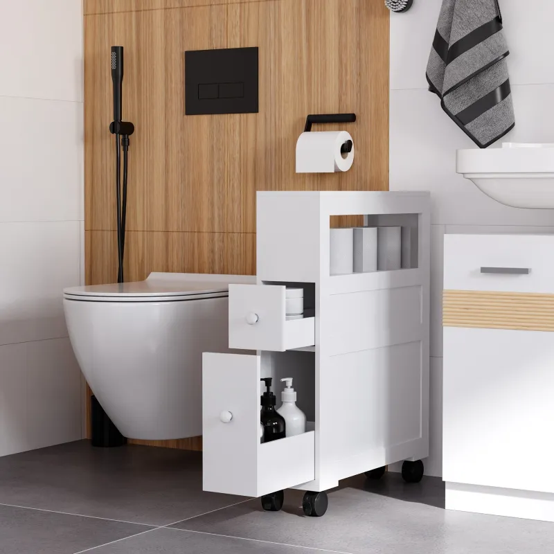 Mueble de Baño 2 Cajones Ahorra Espacio con 4 Ruedas 16x52x71,5 cm Blanco - Ogal.Es
