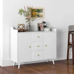 Aparador de Salón Moderno Aparador de Cocina con 2 Puertas 3 Cajones y Patas de Madera de Pino 90x32x80 cm Blanco - Ogal.Es