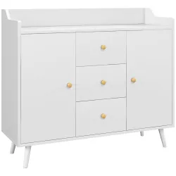 Aparador de Salón Moderno Aparador de Cocina con 2 Puertas 3 Cajones y Patas de Madera de Pino 90x32x80 cm Blanco - Ogal.Es