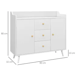 Aparador de Salón Moderno Aparador de Cocina con 2 Puertas 3 Cajones y Patas de Madera de Pino 90x32x80 cm Blanco - Ogal.Es
