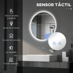 Espejo de Baño Redondo con Luces LED 70x70cm Espejo Antivaho 3 Luces de Colores Función de Memoria Interruptor T... - Ogal.Es