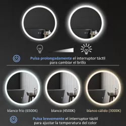 Espejo de Baño Redondo con Luces LED 70x70cm Espejo Antivaho 3 Luces de Colores Función de Memoria Interruptor T... - Ogal.Es