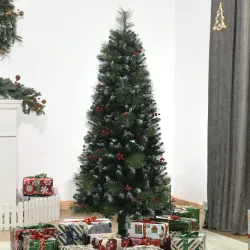 Árbol de Navidad Artificial con Nieve 150 cm con 360 Ramas 38 Bayas Decoración Navideña para Interiores Verde - Ogal.Es