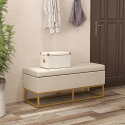 Banqueta con Almacenamiento Banco Rectangular Tapizado en Lino con Tapa Abatible y Patas de Acero 110x44x48 cm B... - Ogal.Es