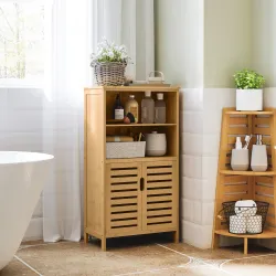Mueble Auxiliar de Baño de Bambú Mueble de Baño con 2 Puertas 2 Estantes Abiertos y Patas Elevadas 50x29x92 cm N... - Ogal.Es