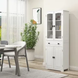Alacena de Cocina con 2 Puertas de Vidrio 2 Estantes Ajustables y Cajón para Salón Comedor 60x30x160 cm Blanco - Ogal.Es