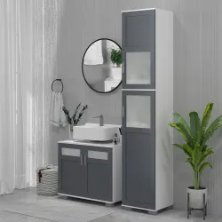 Armario Alto de Baño Mueble Columna de Baño con 2 Puertas de Vidrio Templado y Estantes Ajustables 37x35x190 cm ... - Ogal.Es