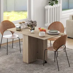 Mesa Plegable con 2 Alas Abatibles de Madera 2 Estantes y Ruedas para Cocina Comedor 75x140x74 cm Madera Natural - Ogal.Es