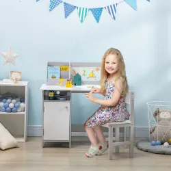 Escritorio Infantil de Madera con Silla y Mesa con Organizador y Pizarra Blanca para +5 Años 90x45x85 cm Gris - Ogal.Es