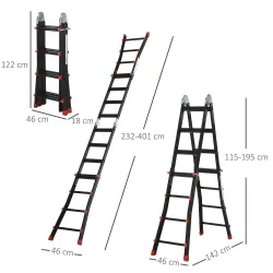 Escalera Telescópica de Aluminio 4 m Escalera Extensible Plegable con 8 Peldaños Ajustables y 2 Formas Carga 150 kg - Ogal.Es