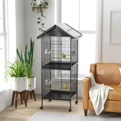 Jaula para Pájaros Grande de 2 Pisos Convertible en Sola Jaula con Ruedas Comederos 4 Perchas 78x75x168 cm Negro - Ogal.Es