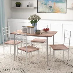 Conjunto de Comedor 5 Piezas Juego de 1 Mesa y 4 Sillas con Pies Acero para Cocina 110x70x75 cm Madera Natural y... - Ogal.Es