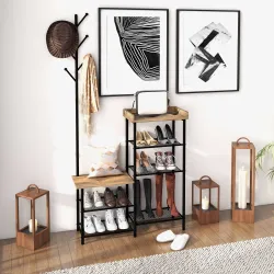 Perchero con Zapatero Industrial con 5 Estantes y 6 Ganchos para Colgar Bolsos Ropa 92.5x28.2x182 cm Marrón Rústico - Ogal.Es