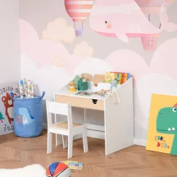 Escritorio para Niños con Silla de 3 a 6 Años con Cajón y Estante para Libros 70x50x75 cm Blanco y Natural - Ogal.Es