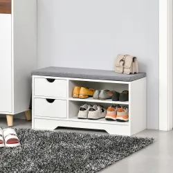 Banco Zapatero con Asiento Estantes y 2 Cajones Capacidad para 4 Pares de Zapatos 80,5x30,5x43,5 cm Blanco y Gris - Ogal.Es