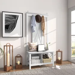 Perchero con Zapatero de Madera con 2 Estantes y 3 Ganchos para Colgar Ropas Bolsos 80,5x40x168 cm Blanco - Ogal.Es