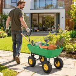 Carro de Jardín Inclinable hasta 75° con Mango Ajustable y 4 Neumáticos Capacidad Max.75 L Acero 109x52x94 cm Verde - Ogal.Es