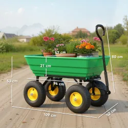Carro de Jardín Inclinable hasta 75° con Mango Ajustable y 4 Neumáticos Capacidad Max.75 L Acero 109x52x94 cm Verde - Ogal.Es