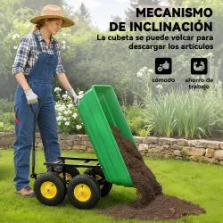 Carro de Jardín Inclinable hasta 75° con Mango Ajustable y 4 Neumáticos Capacidad Max.75 L Acero 109x52x94 cm Verde - Ogal.Es