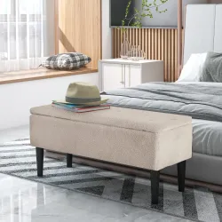 Banco de Pie de Cama Baúl de Almacenaje para Dormitorio con Tapa Abatible y Patas de Madera 95x38x45 cm Crema - Ogal.Es