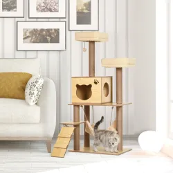 Árbol Rascador para Gatos Altura 130 cm Torre para Gatos con Postes Rascadores de Yute Camas Hamaca Amarillo - Ogal.Es
