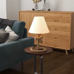 Lámpara de Mesa LED con Base de Metal Cuerda de Lino y Pantalla de Tela Max.40W Ø28x50 cm Marrón y Beige - Ogal.Es