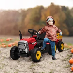 Tractor Eléctrico con Remolque para Niños 3-6 Años con Control Remoto y Cinturón de Seguridad 136,5x50x52,5 cm Rojo - Ogal.Es